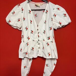 Maeve Anthropologie Floral Embroidered Peplum Blouse‎ Top Size 4 Short Sleeve